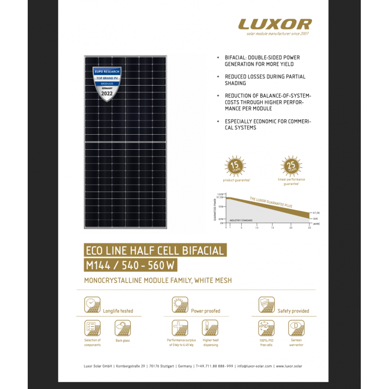Luxor Eco Line Half Cell Bifacial Μονοκρυσταλλικό Φωτοβολταϊκό Πάνελ 540W 24V 10-LX-540M/182-144+BF παλέτα 31 τεμαχιων