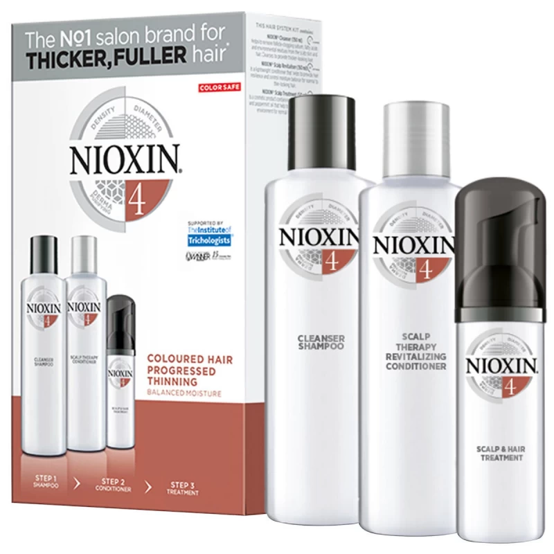 Nioxin Kit System 4 Shampoo 300ml, Conditioner 300ml & Treatment 100ml, Αγωγή Τριχόπτωσης για Εμφανώς Αραιωμένα Βαμμένα Μαλλιά Nioxin Kit System 4 Shampoo 300ml, Conditioner 300ml & Treatment 100ml, Αγωγή Τριχόπτωσης για Εμφανώς Αραιωμένα Βαμμένα Μαλλιά