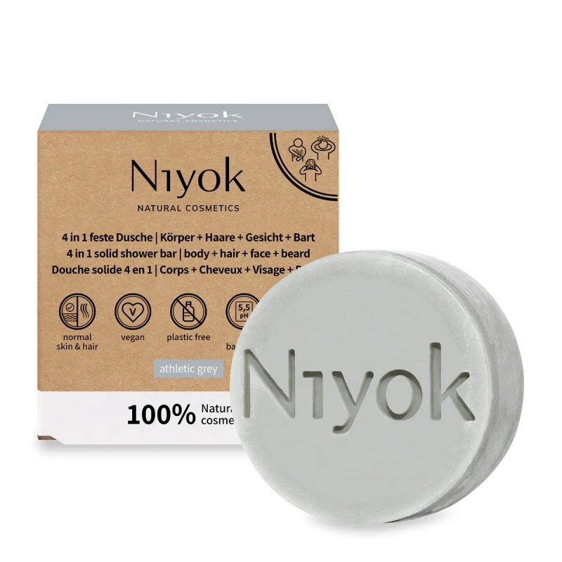 NIYOK | Στερεό Αφρόλουτρο 4 σε 1 Σώμα + Μαλλιά + Πρόσωπο + Γένια Athletic Grey - Με δροσερό, ανδρικό και καθαρό άρωμα, 80 g