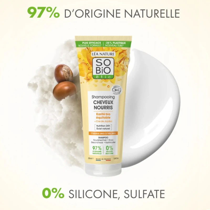 SO'BIO ÉTIC | Σαμπουάν Θρέψης Βιολογικό Βούτυρο Καριτέ + Κερί Jojoba Για Ξηρά έως Πολύ Ξηρά Μαλλιά 250ml