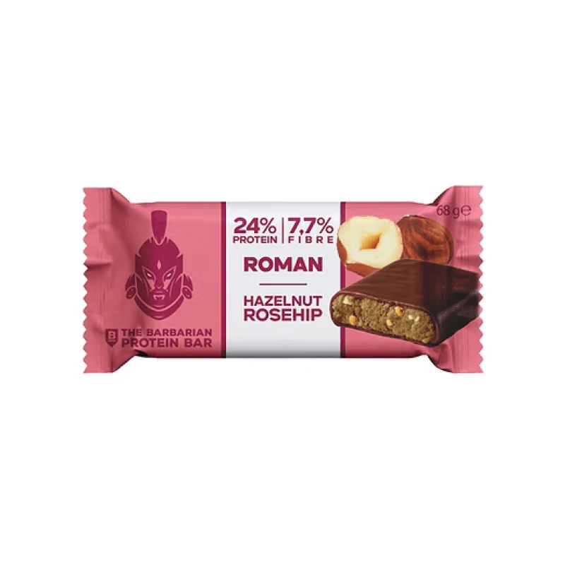 Nomadi The Barbarian Raw Bar Hazelnut & Rosehip – Raw Bar - Βιολογική Ωμή Μπάρα Πρωτεΐνης Με Επικάλυψη Σοκολάτας με Φουντούκι & Τριαντάφυλλο, 25% Πρωτεΐνη 68g