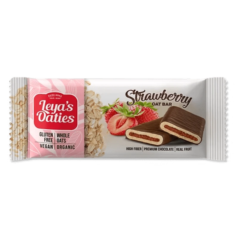 Leya’s Oaties Strawberry – Raw Oat Bar - Βιολογική Μπάρα Βρώμης με Φράουλα & Επικάλυψη Σοκολάτας 82g